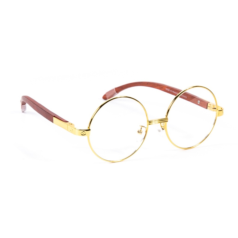 Mens Vintage Round Clear Tint Gold Lens Wood Frame Retro Shades Hip Hop Glasses - Picture 2 of 4